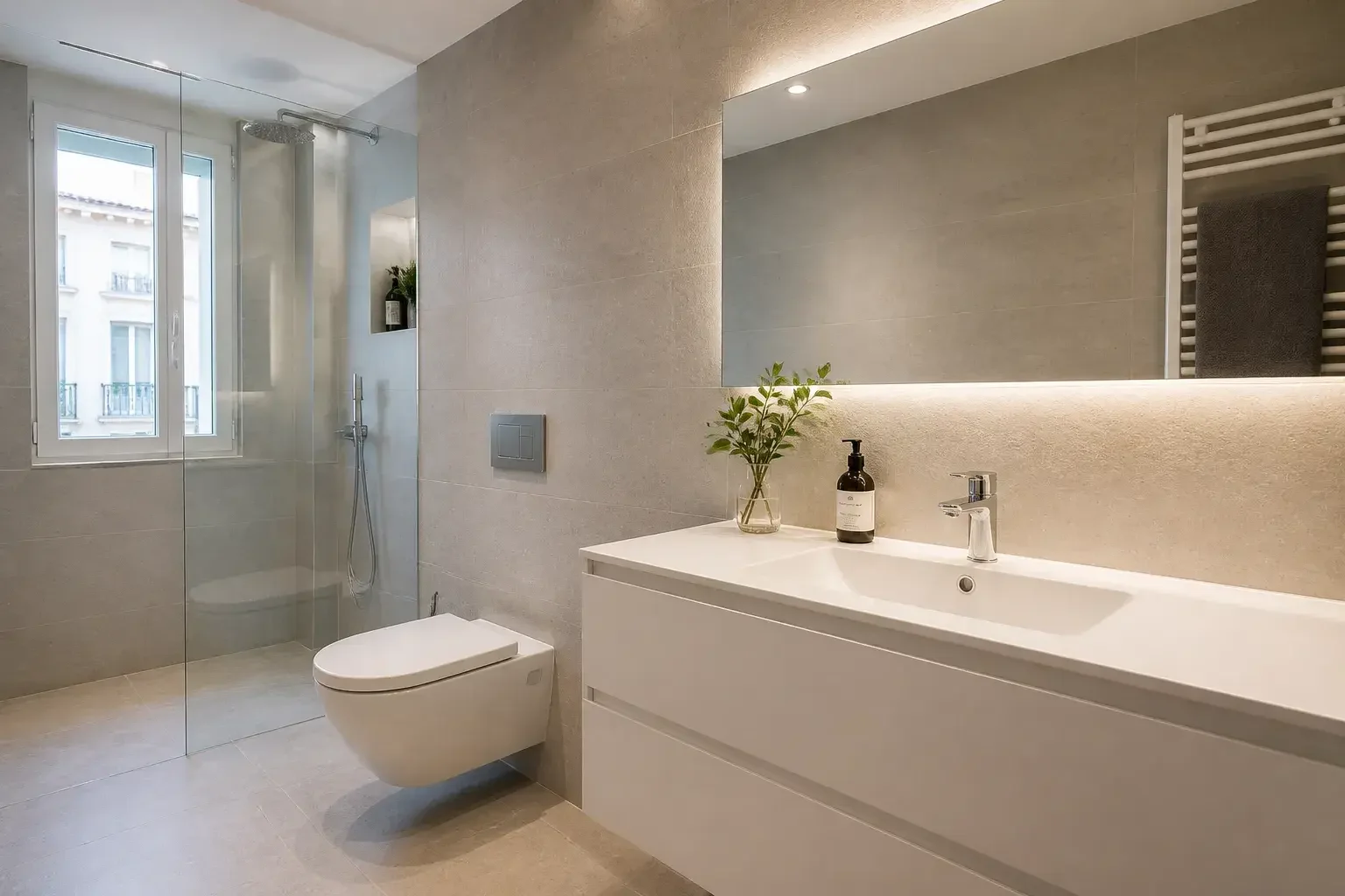 Baño moderno en Madrid con reforma de fontanería terminada.