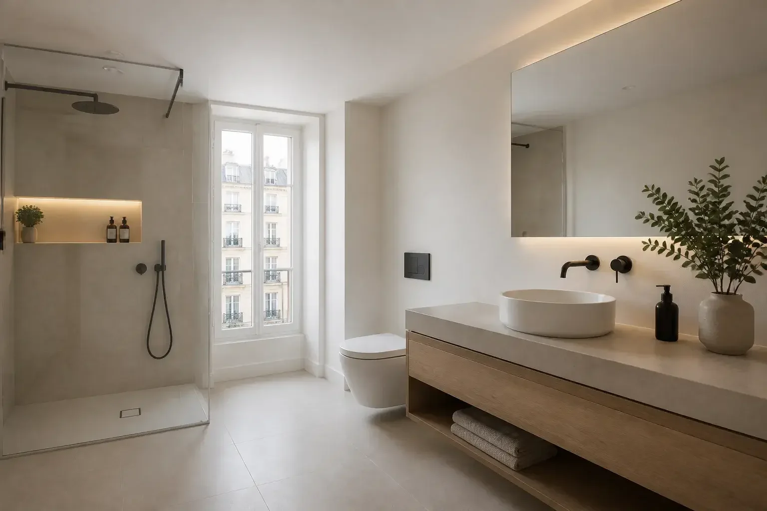 Baño elegante y despejado con espacio para un mensaje final.