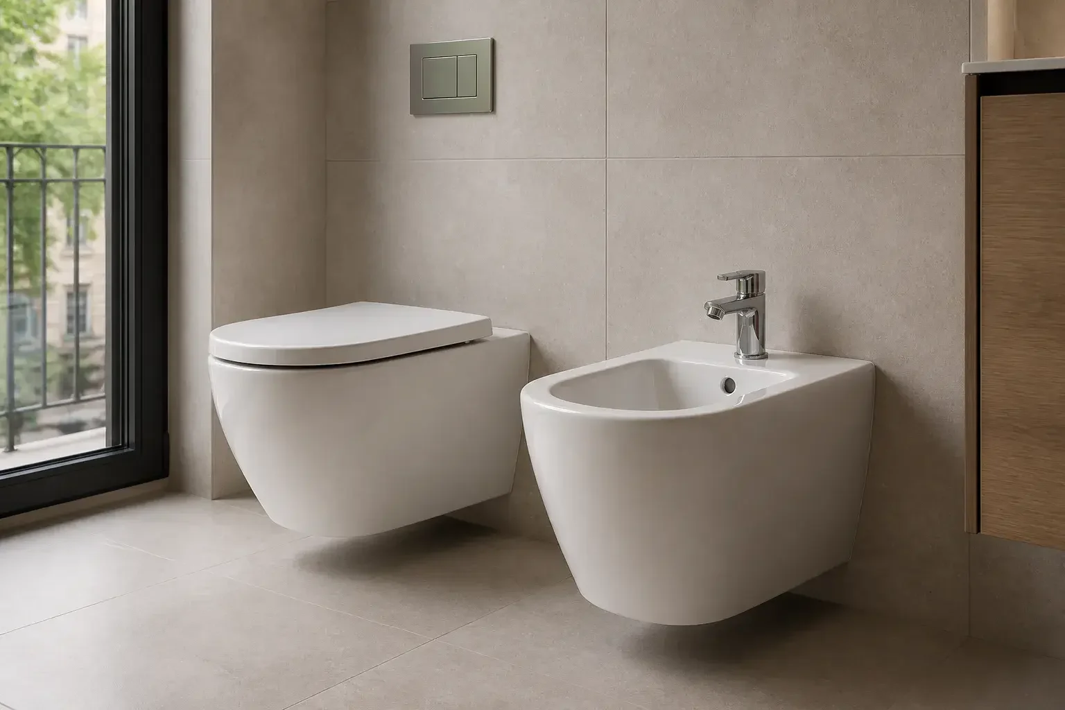 Sanitarios nuevos instalados en un baño moderno.