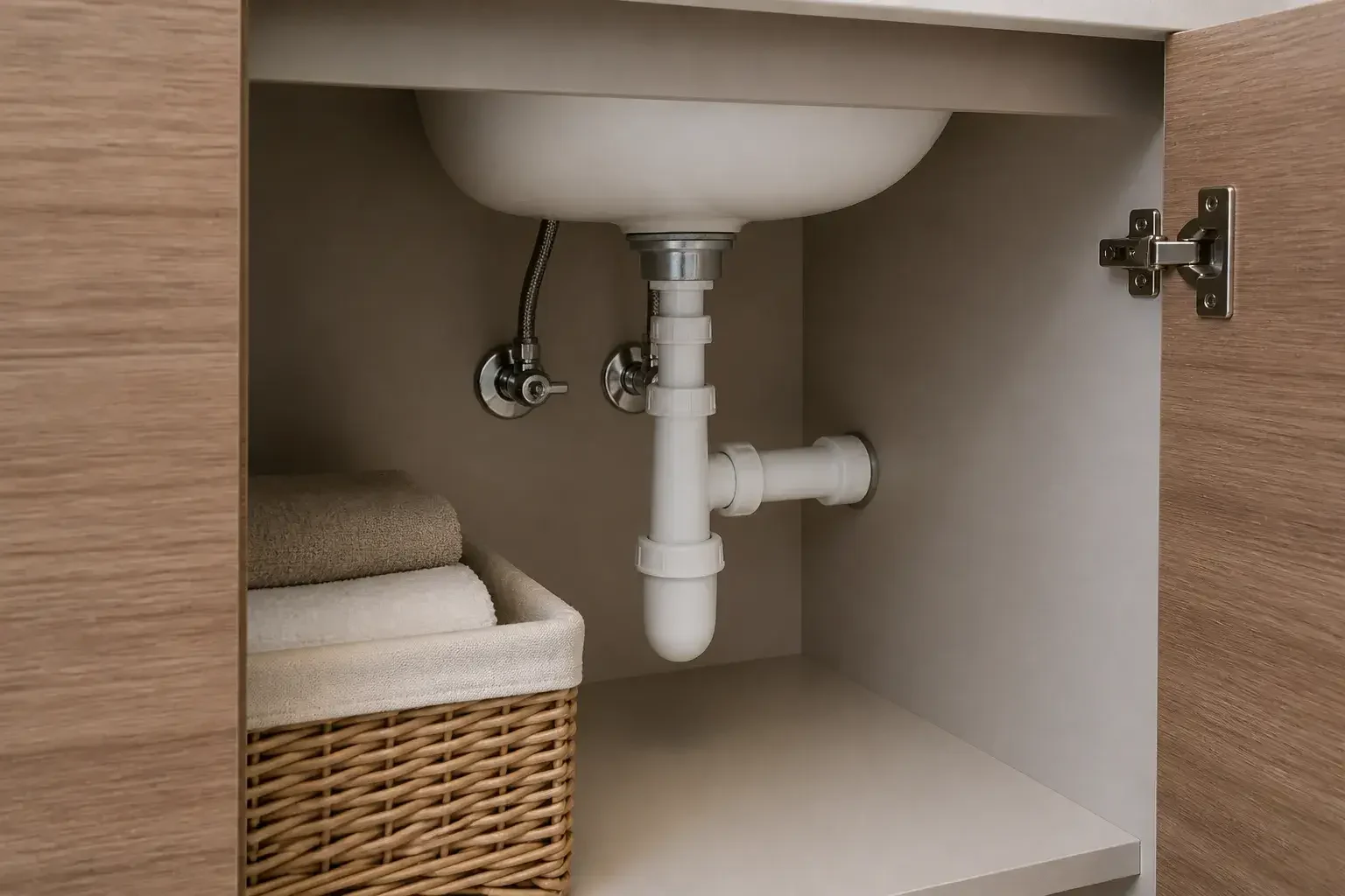 Reparación de fuga terminada bajo el lavabo.