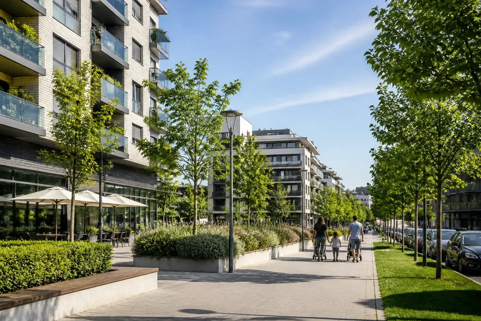 Barrio moderno de Alcobendas con aceras limpias y zonas verdes.