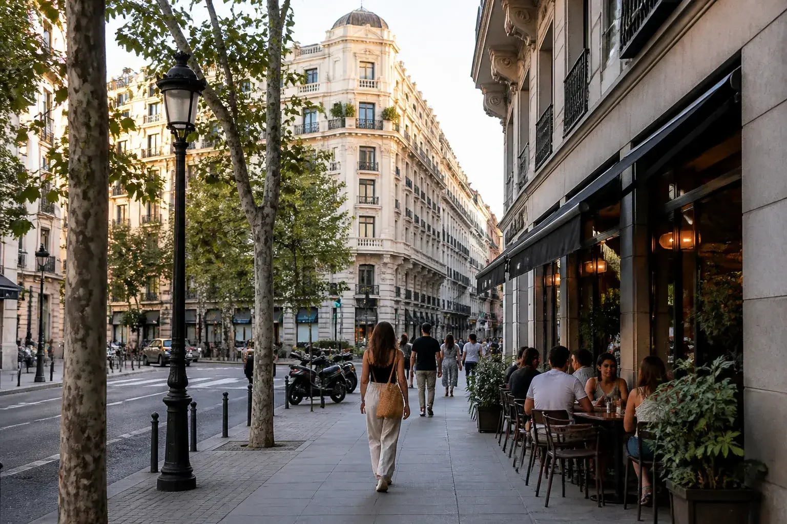 Calle típica de Madrid con fachadas clásicas y ambiente urbano.