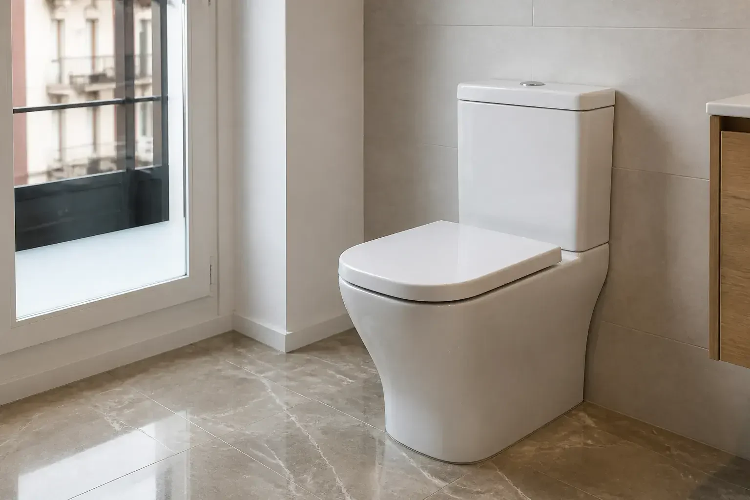 Inodoro nuevo instalado en un baño de piso madrileño.