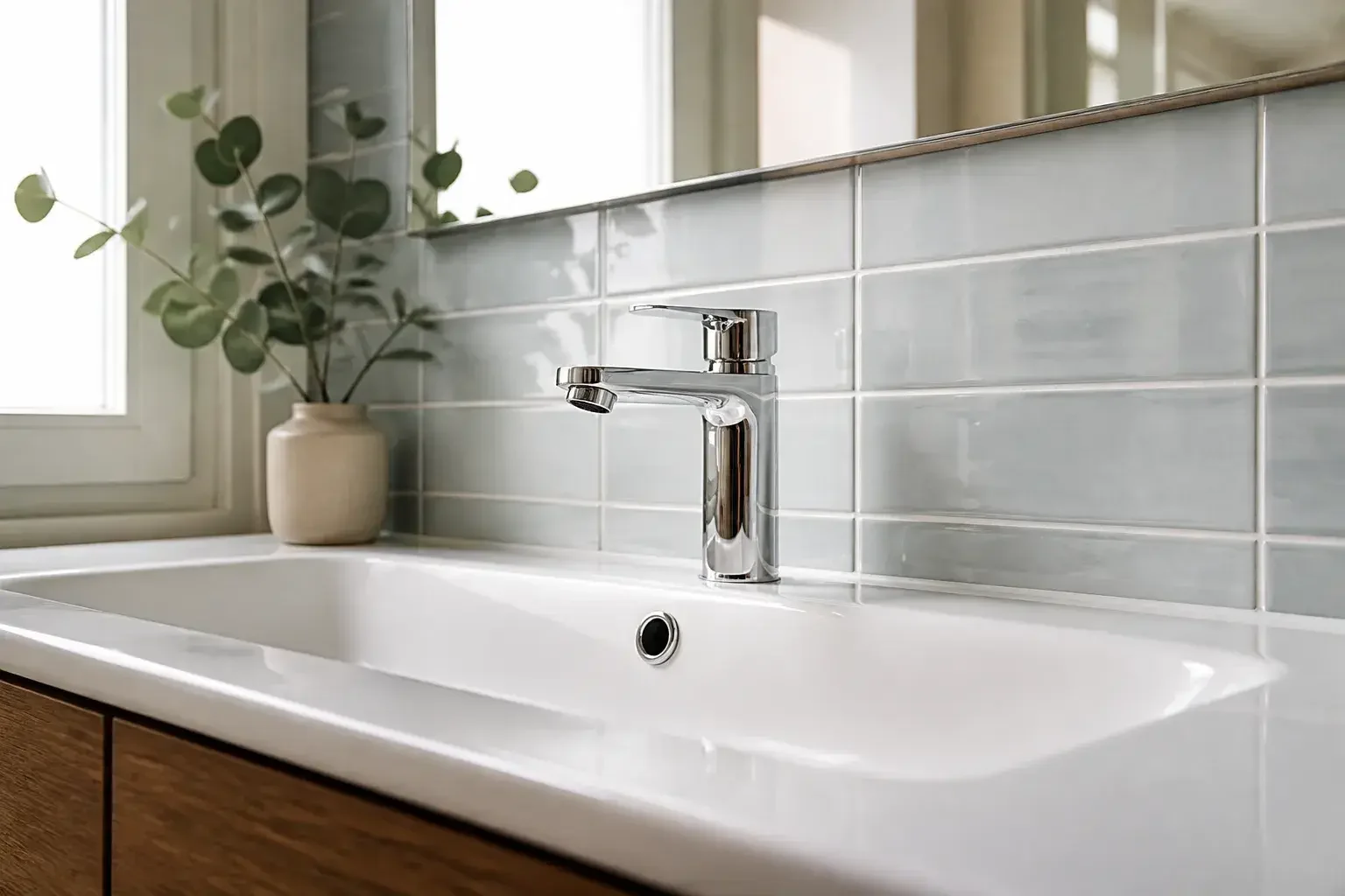 Lavabo nuevo y remates limpios en un baño doméstico.